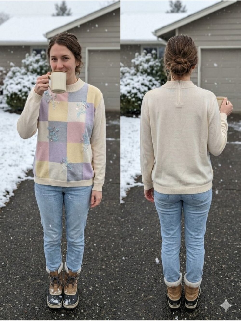 Alfred Dunner Vintage Pastel Patchwork Plaid Beaded Mock Neck Sweater L Top